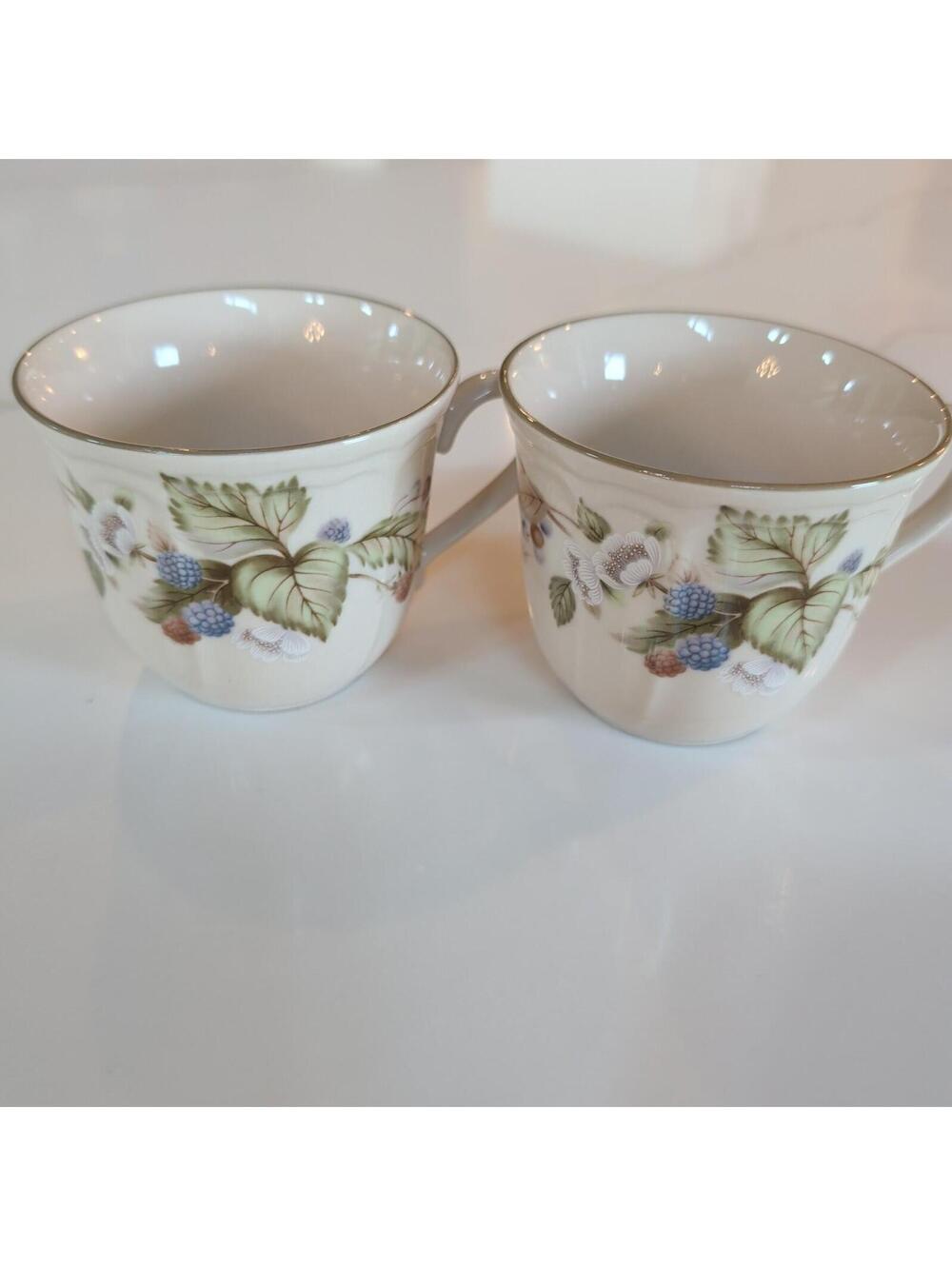 Vintage Epoch Summer Hill Ceramic Coffee Mugs Set Of 2 Beige Floral & Berries